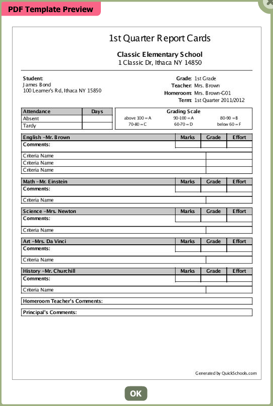 Classic White template QuickSchools Report Cards template - Classic White