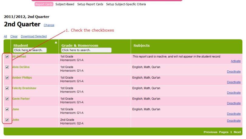 Select report cards to be printed