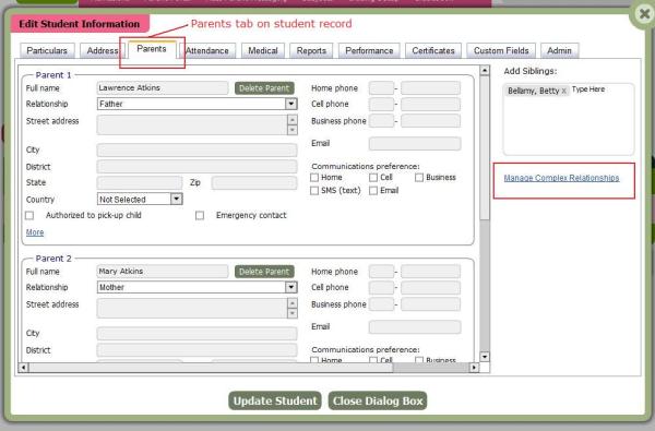 Parents tab on Student Record
