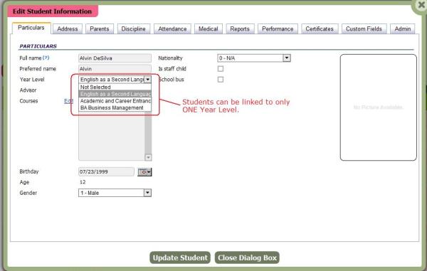 Student Particulars Screen