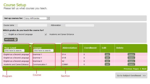 Course Setup Menu