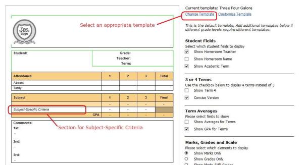 Setup Report Cards screen Choose a Report Card Template with a Subject-Specific Criteria section