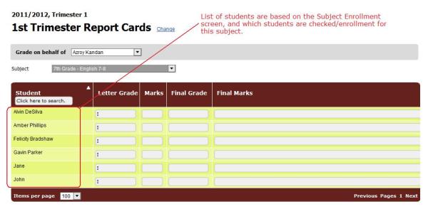 The Report Cards "Subject-Based" screen The Report Cards "Subject-Based" screen
