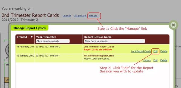 List of report sessions after clicking on “Manage” List of report sessions after clicking on “Manage”
