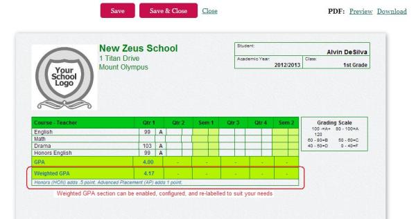 "Contemporary Quarters" report card with Weighted GPA enabled "Contemporary Quarters" report card with Weighted GPA enabled