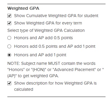 Transcript Configuration options for Weighted GPA