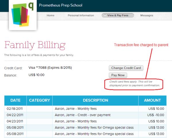 Parents can pay online with transaction fees