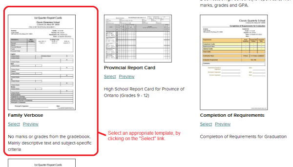 Selecting a Report Card Template