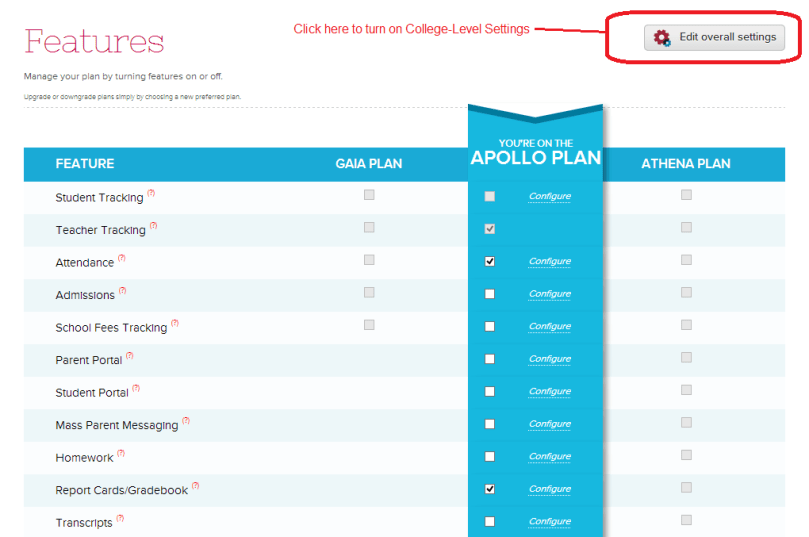 Turning on College Settings