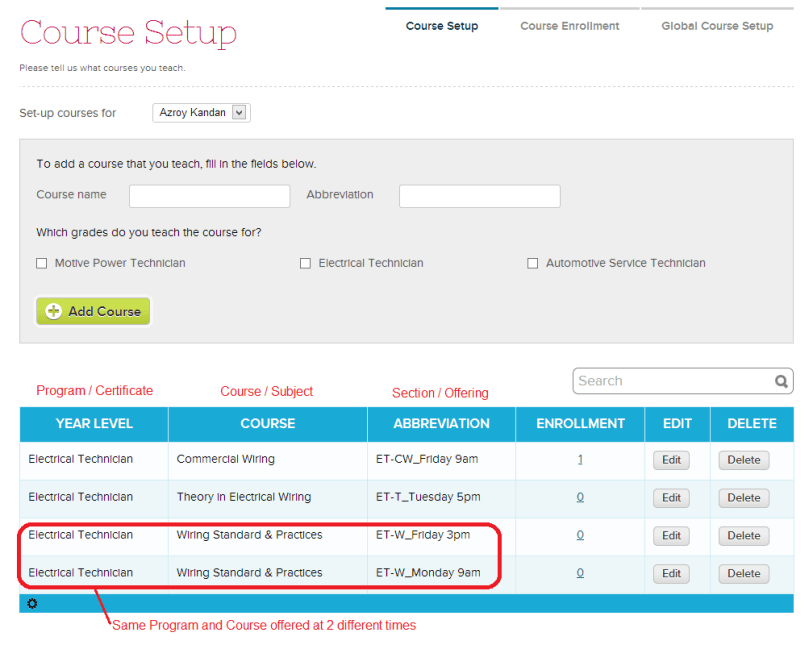 Setting up Courses / Subjects