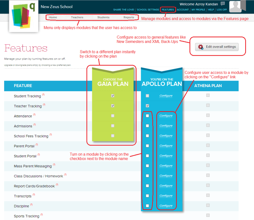 QuickSchools Features Page for Administrators
