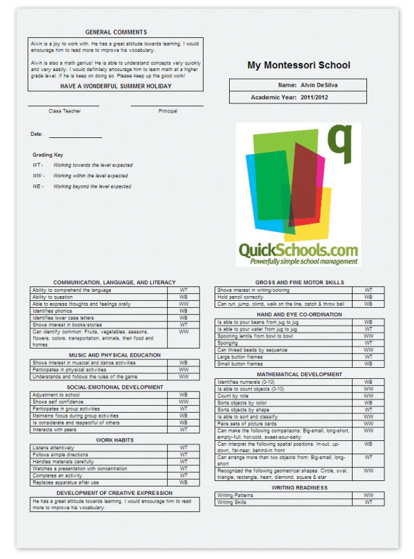 Sample Montessori Report Card