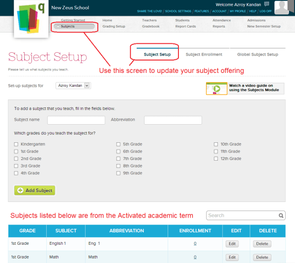 QuickSchools Subject Setup