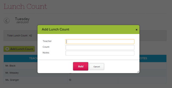 Add / Edit Lunch Count