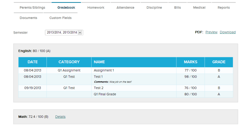 Gradebook Tab on Student Record with Comments