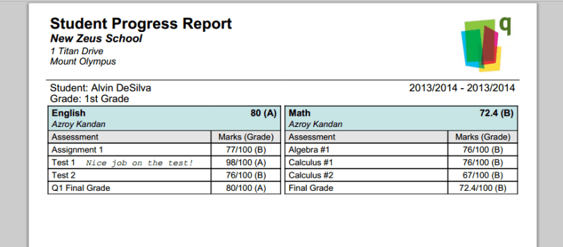Printed PDF Gradebook with Comments