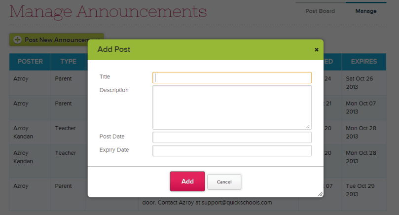 Add/Edit Post Board Announcement