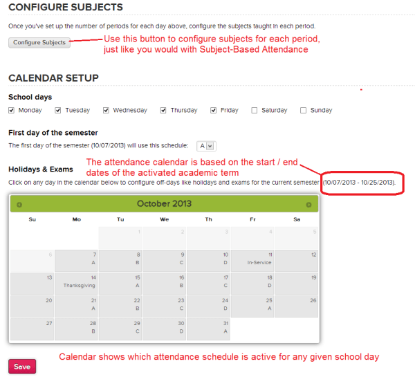 Configuring Subjects and the Attendance Calendar