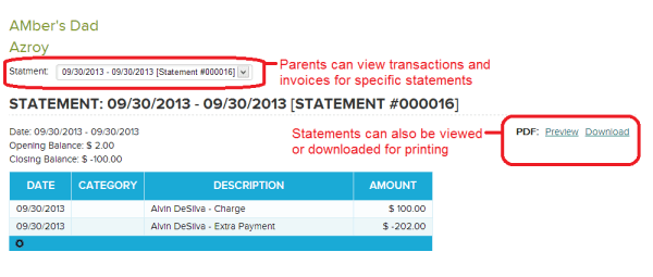 QuickSchools Fee Tracking: Parents View