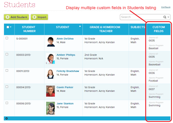 Display Multiple Custom Fields in Students listing