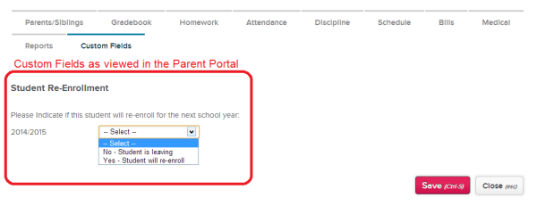 Parent View of Custom Re-Enrollment Fields