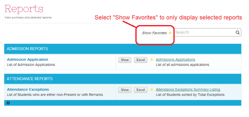 Display selected reports by clicking "Show Favorites"