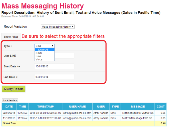 Sample Mass Messaging History Report