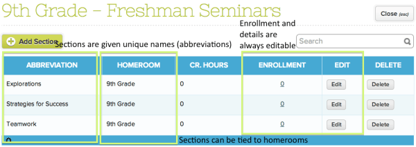 Sections are configured through the "Manage Sections" button