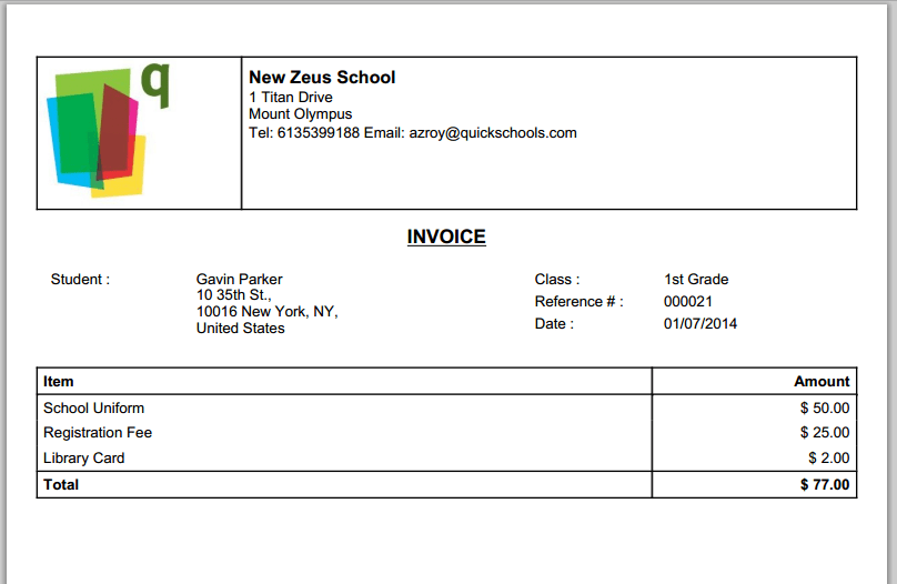QuickSchools Printable Invoice