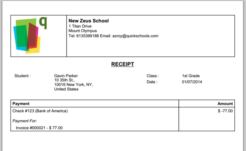 QuickSchools Printable Receipt
