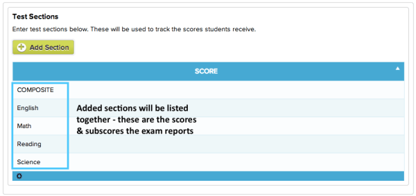Add as many scores, subscores, and sections that the exam reports