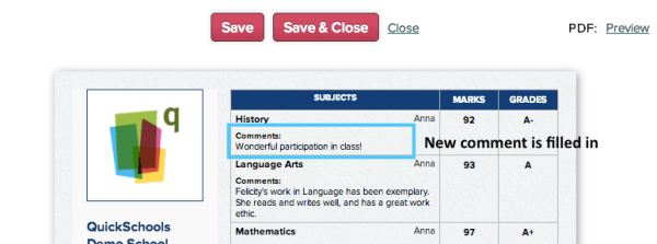 Filled in Report Card
