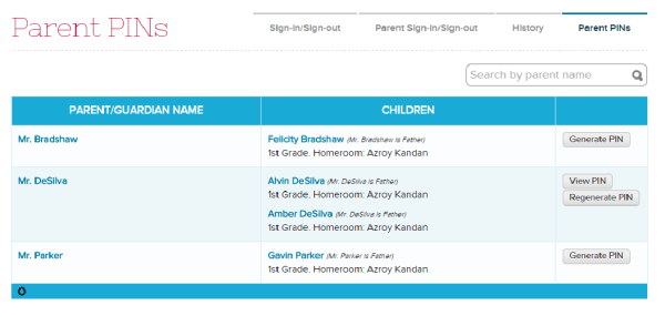 Manage PIN for Parents Signing in Students