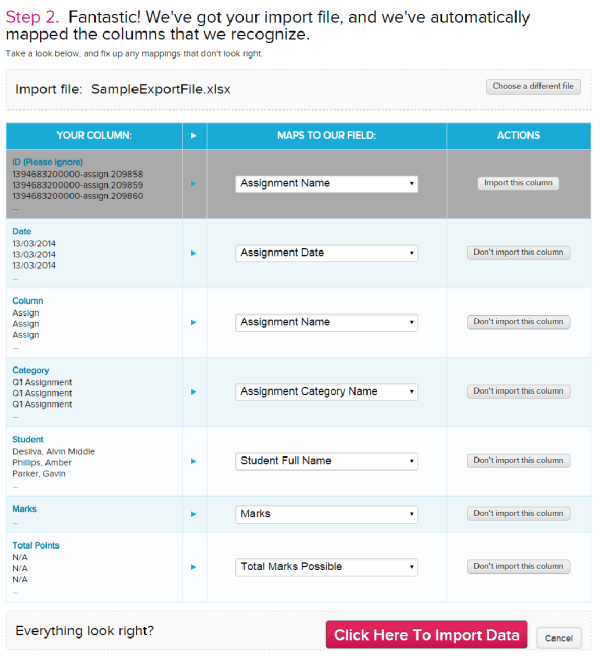 Map Gradebook Columns from Excel to QuickSchools Fields