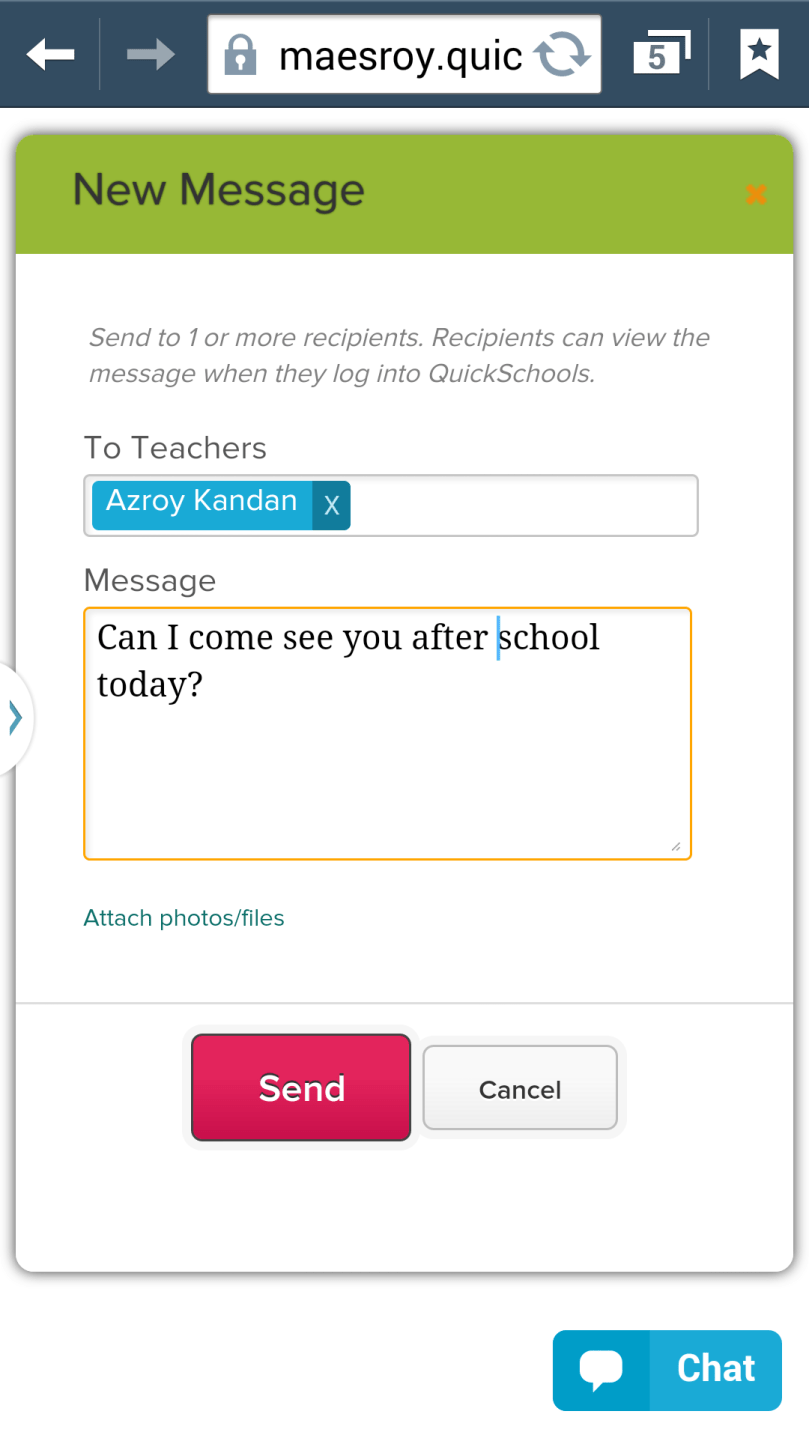 QuickSchools Private Messaging on Mobile Device