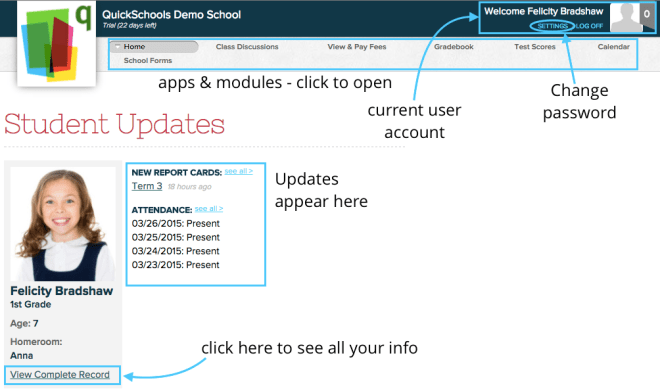 student portal home screen