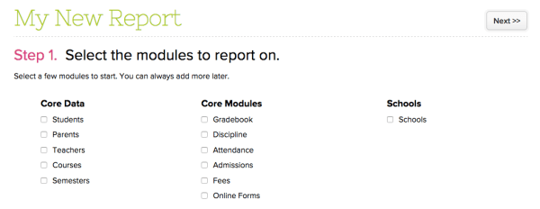 Available Modules on Report Creator
