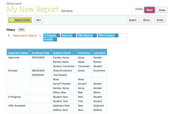 Admissions Filter on Report Creator App