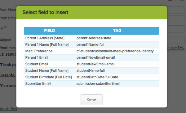 Insert Field into Email Template in QuickSchools