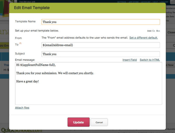 Editing Email Template in QuickSchools