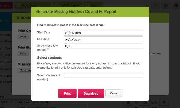Gradebook: Missing Grades / Ds and Fs Report