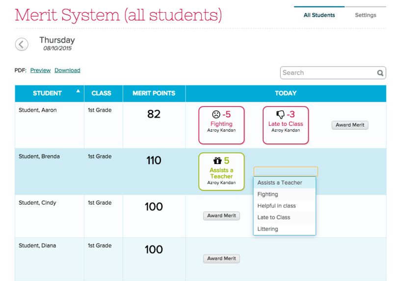 Teachers can assign Merits to students