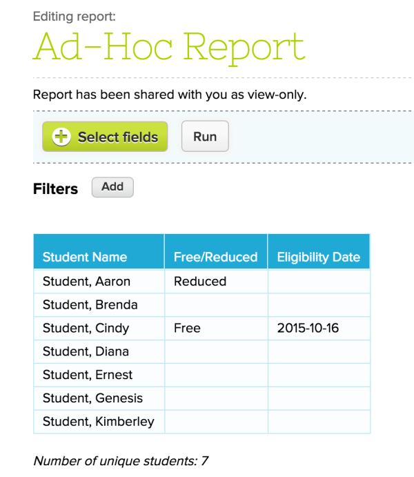 Free / Reduced Lunch Reports on Report Creator App