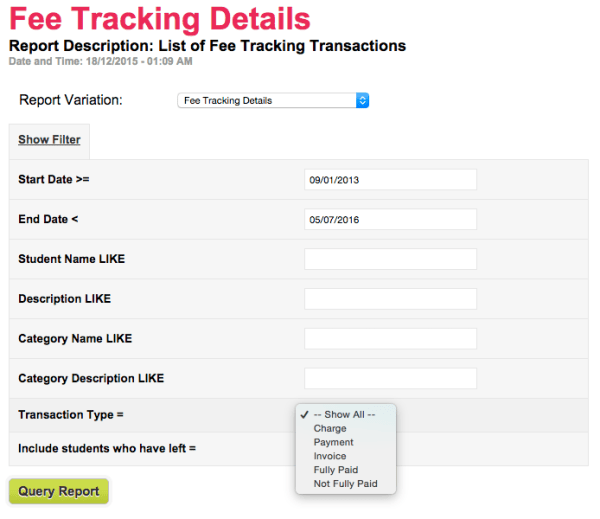 New Filter in "Fees Tracking Transactions" report to identify Paid and Unpaid Charges/Invoices