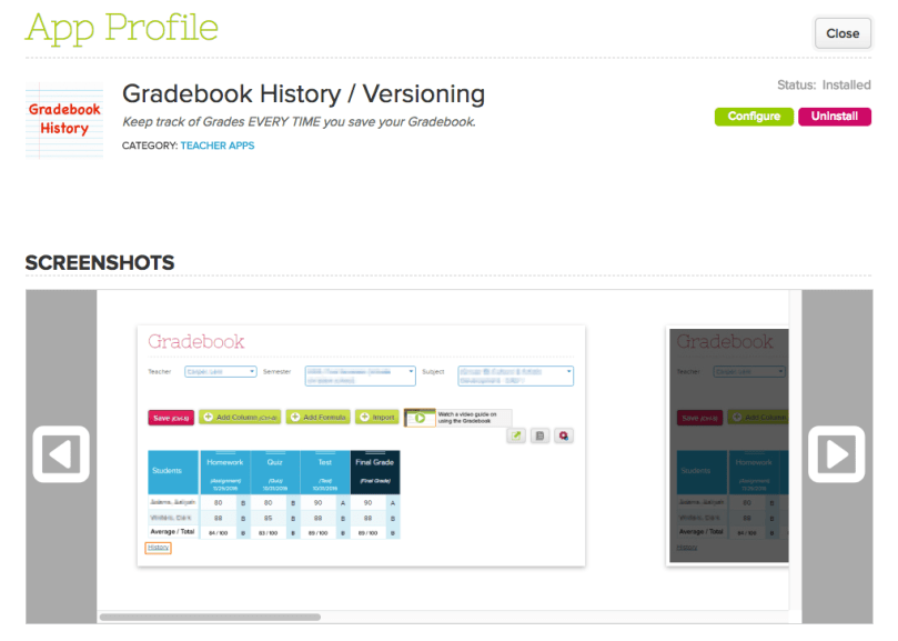 QuickSchools Gradebook History / Versioning app
