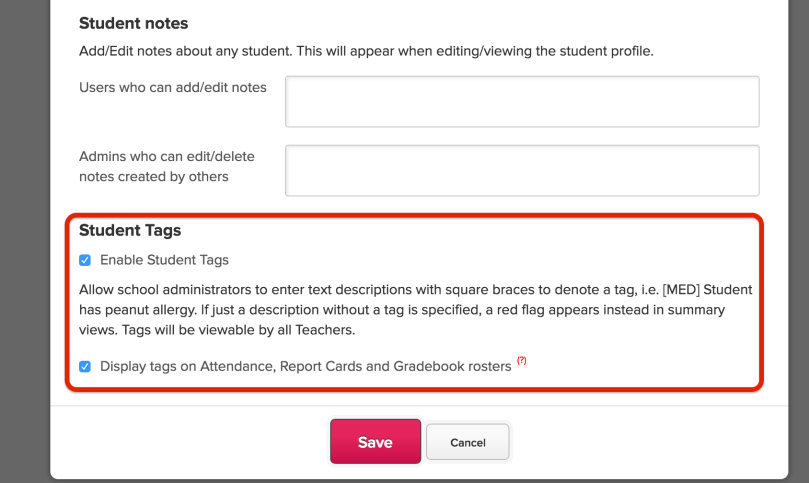 Enabling Student Tags from Features Page