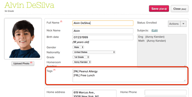 Entering Student Tags on the Student Record