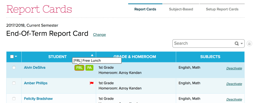 Student Tags on Report Cards Listing