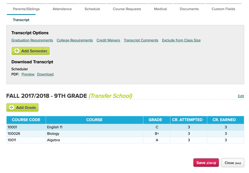 New Transcripts tab on Student record