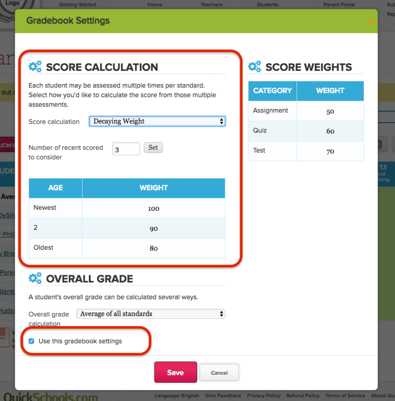 Decaying Weights Scale in Standards-Based Gradebook
